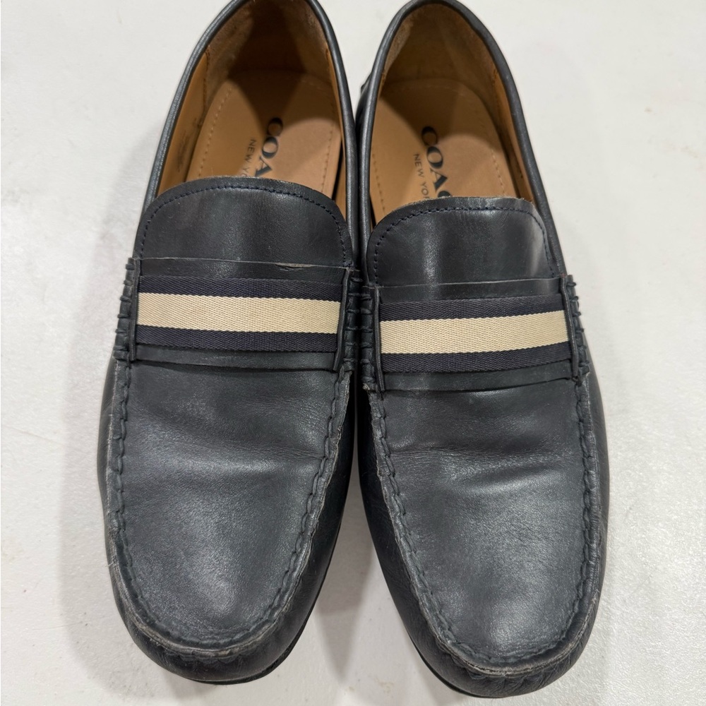 Coach Navy Leather Loafers with Cream Stripe Size 9 Men